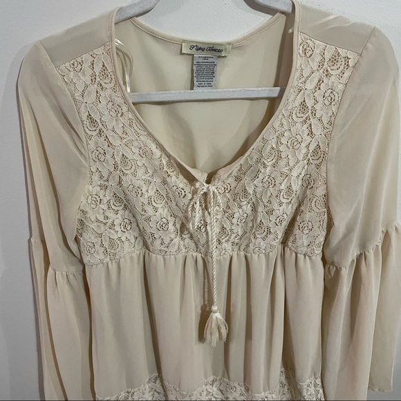 Flying Tomato boho lace mesh shear bell sleeve mini flowy babydoll dress size L - Picture 4 of 6